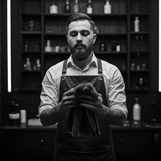 Barber applying hot towel in cinematic black and white